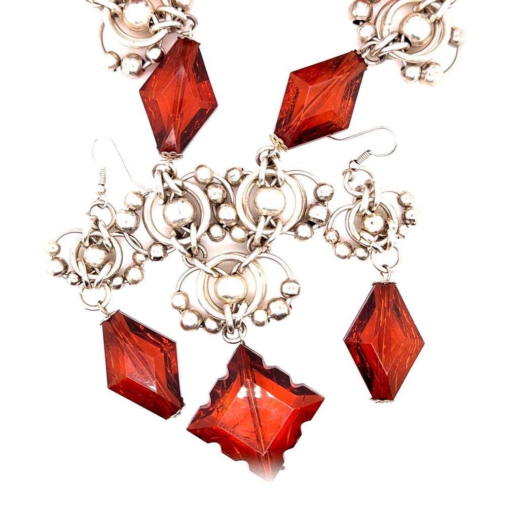 Vintage Style Amber Brown Statement Necklace and Drop Earring Set Silver Tone